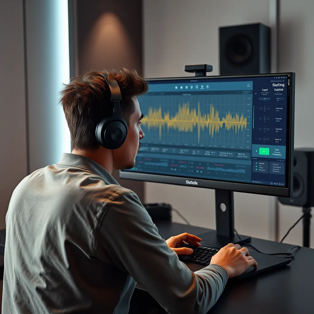 A person working on a computer with a mastering software interface. The screen displays a visual representation of audio frequency spectrum with adjustments for loudness, dynamics, and stereo imaging. The person is wearing headphones and focusing intently on the details of the audio waveform. The background should be a modern, sleek studio with minimalist design.