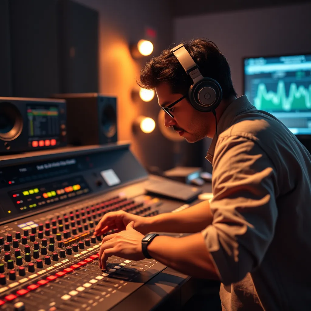 A photo of a music producer meticulously adjusting the levels and panning of audio tracks on a mixing console. The console should be illuminated with a soft, warm light, reflecting the meticulous nature of the mixing process.