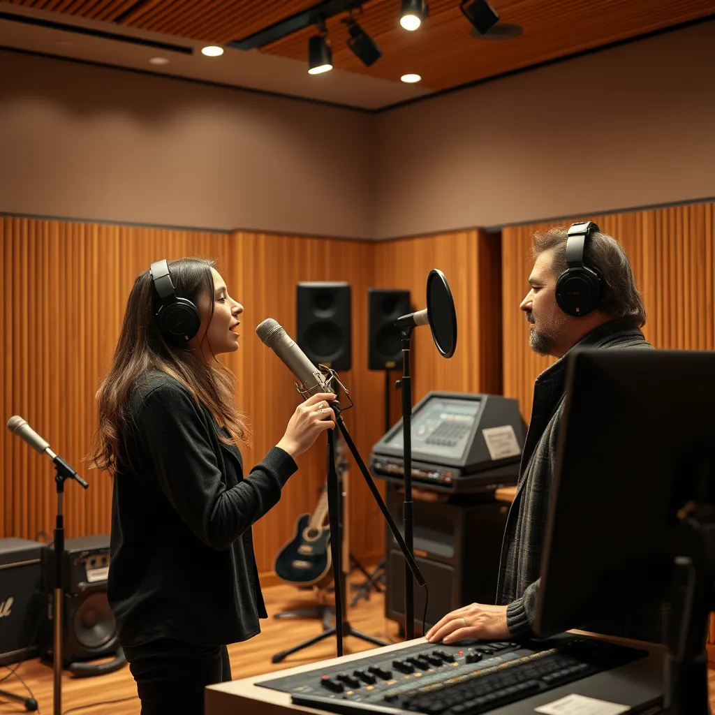 A photo of a recording studio with a vocalist singing into a microphone, while a sound engineer monitors the recording levels and adjustments. The studio should be well-lit and include high-end recording equipment, reflecting a professional recording environment.
