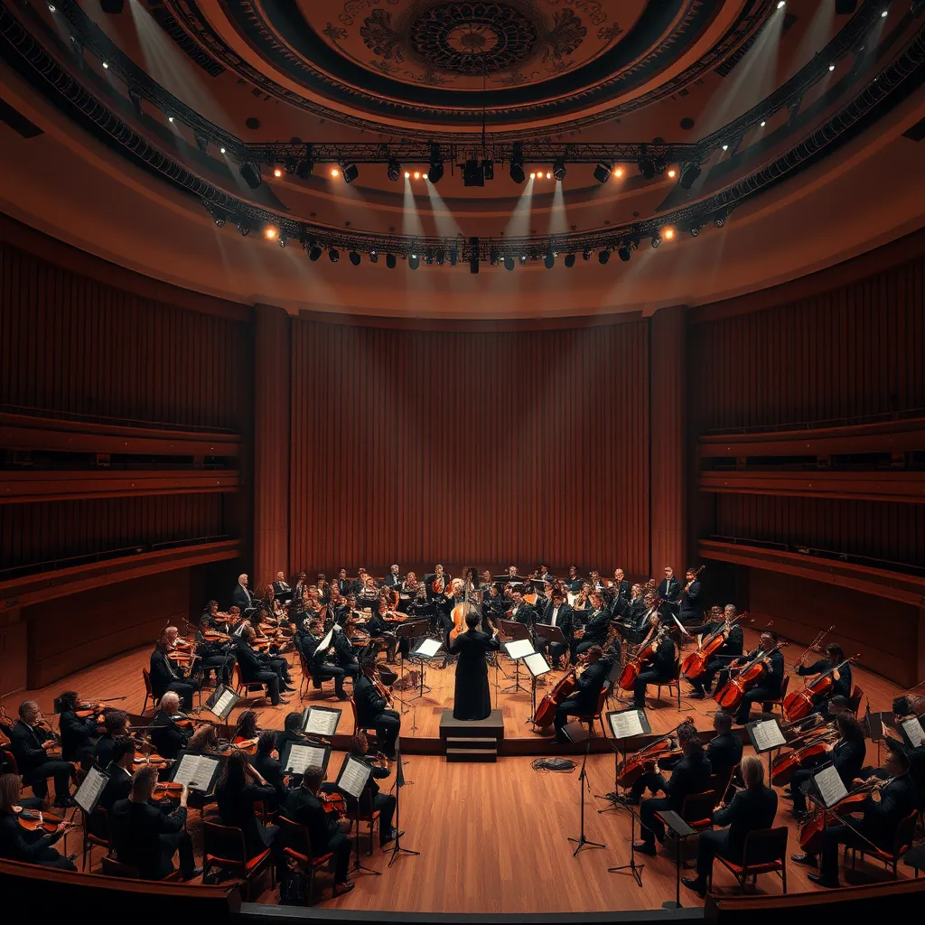 A photorealistic depiction of a concert hall with an orchestra performing, emphasizing the use of microphones strategically placed around the stage to capture and manipulate the sound for a surround sound experience.