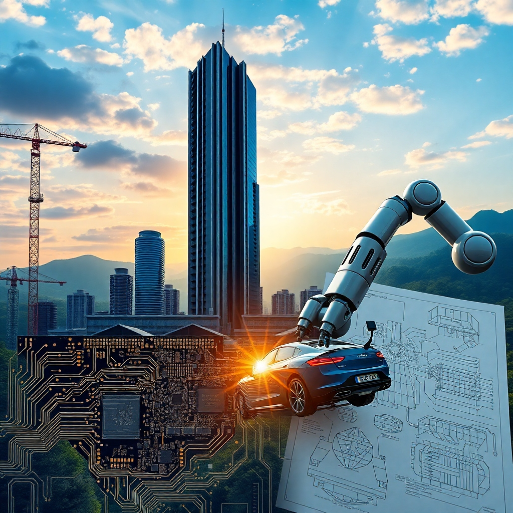 A photorealistic image depicting a collage of diverse engineering fields: a towering skyscraper under construction, a detailed circuit board, a futuristic robot arm assembling a car part, and a blueprint with architectural designs. The background should be a vibrant mix of technological elements and natural landscapes, highlighting the broad scope of engineering.