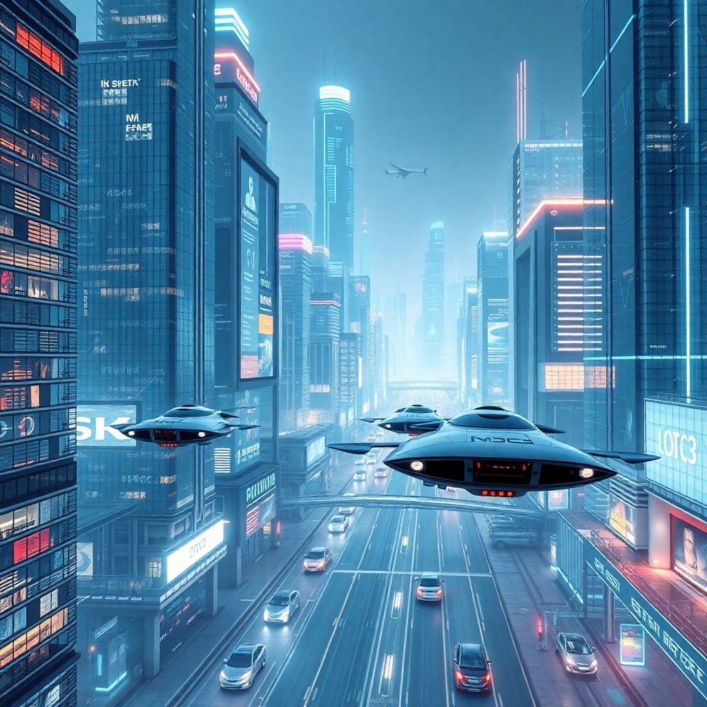 A photorealistic image depicting a futuristic cityscape seamlessly integrating advanced technologies, such as flying vehicles, holographic displays, and interconnected smart buildings. The overall aesthetic should be clean, modern, and technologically advanced, conveying a sense of progress and innovation driven by engineering. The lighting should be soft and futuristic.