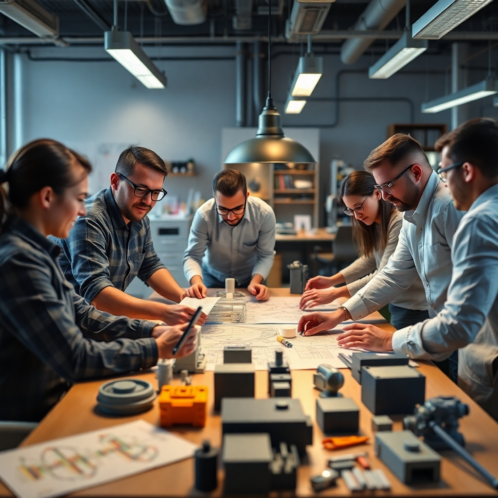 A photorealistic image of a diverse team of engineers collaborating around a table, intensely focused on a complex engineering problem.  The table should be scattered with blueprints, computer models, and 3D-printed prototypes. The image should convey a sense of teamwork, creativity, and problem-solving in a vibrant, modern workspace.