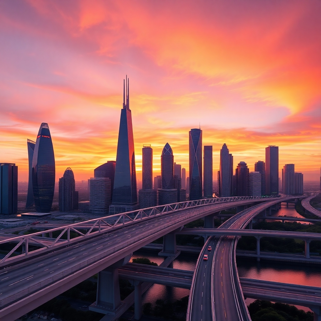 A photorealistic image of a modern, well-designed city skyline at sunset, showcasing advanced infrastructure like bridges, skyscrapers, and efficient roadways. The image should emphasize the scale and complexity of the engineering involved, with a focus on clean lines and functional design. The sky should be a vibrant blend of orange and purple hues.