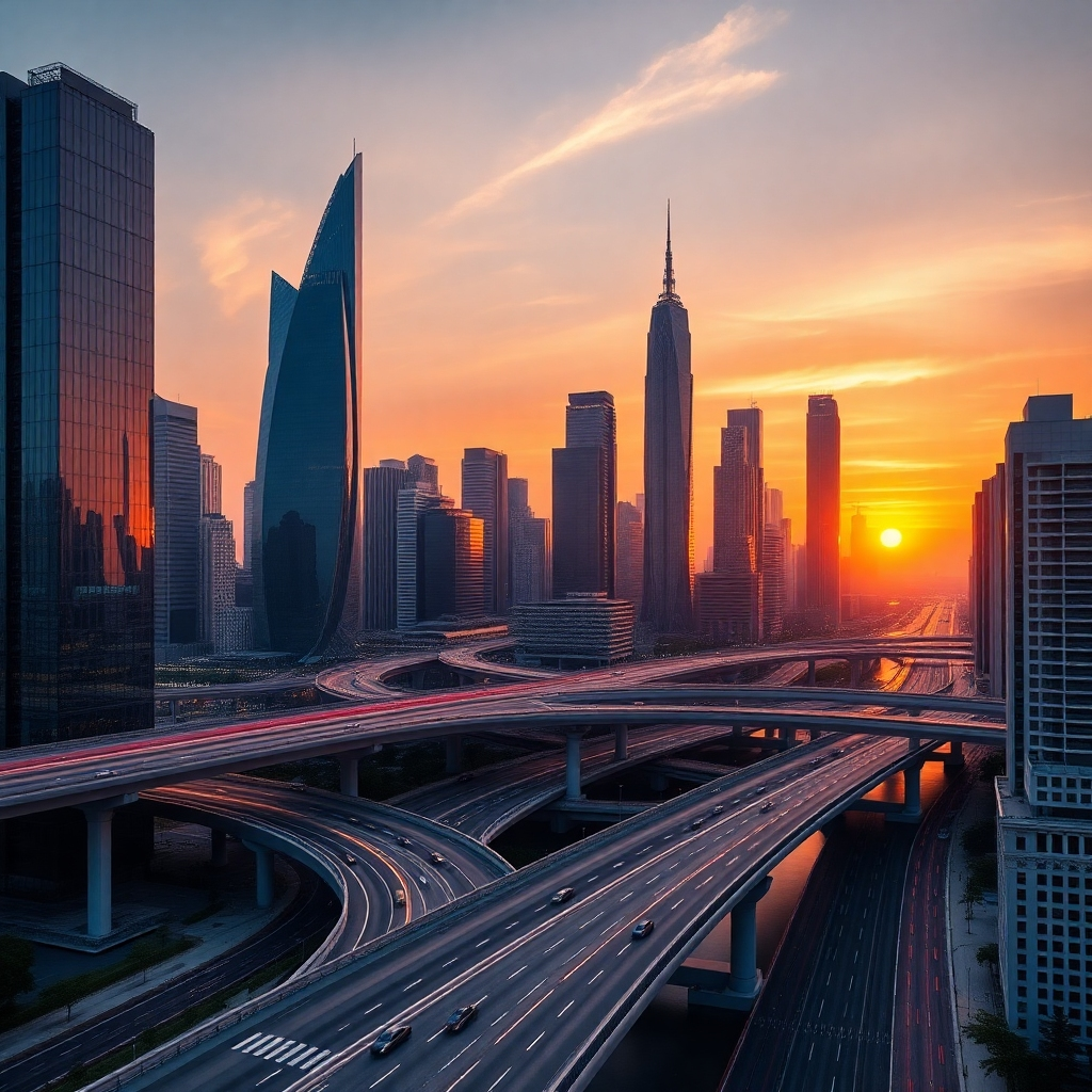A photorealistic image of a modern cityscape at sunset, showcasing impressive skyscrapers, bridges, and well-designed roads. The image should highlight the scale and complexity of civil engineering projects, with clean lines and a sense of futuristic design. Include vibrant colors and sharp details, emphasizing the integration of infrastructure within the urban landscape. The style should be similar to architectural photography.