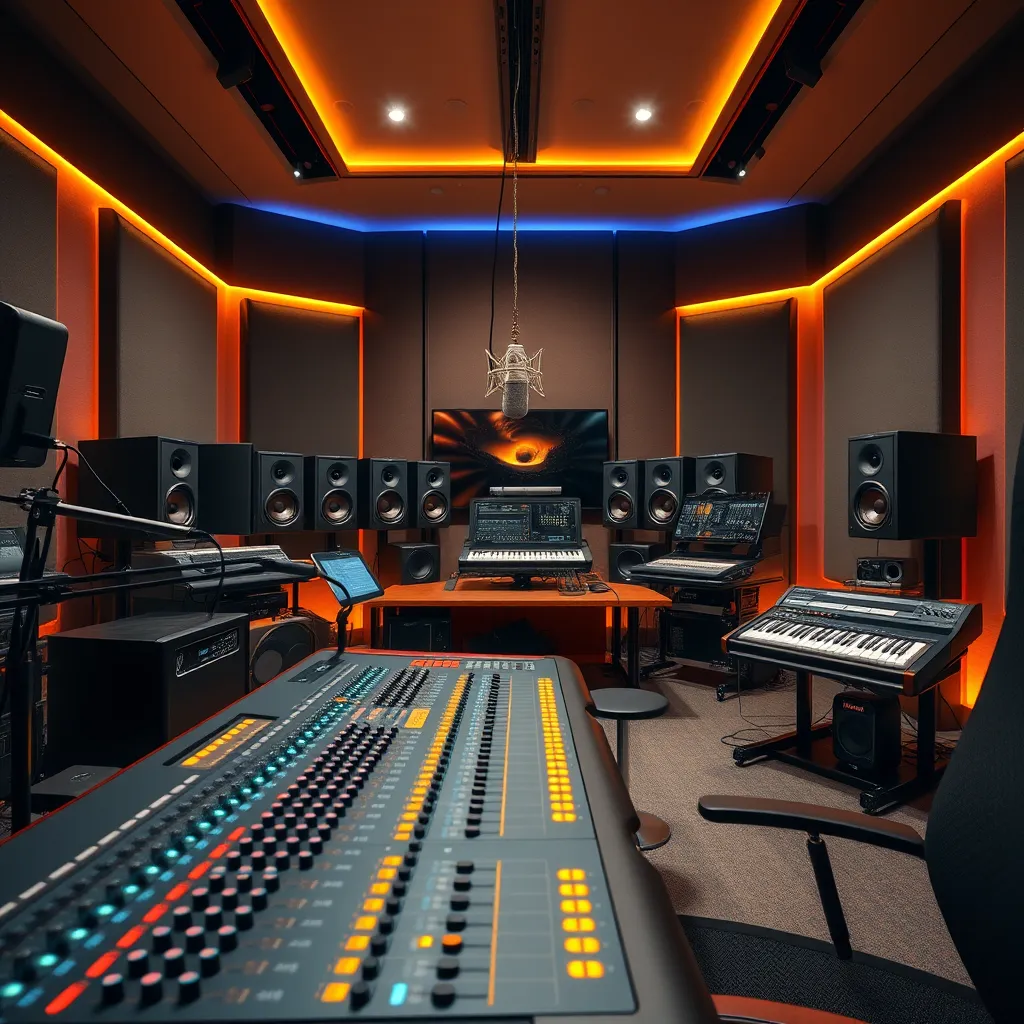 A photorealistic image of a professional music studio with a sleek, modern design. The focal point is a mixing console with glowing faders and buttons, surrounded by high-end microphones, speakers, and audio equipment. The room is bathed in warm, diffused lighting, creating a cozy and inspiring atmosphere. The color palette is a blend of warm grays, blues, and metallic accents. The image should be captured from a low angle, emphasizing the scale and detail of the equipment. The composition should be balanced and visually appealing, with a sense of depth and dimension. The image should have an 8K resolution and ultra-detailed textures, capturing the intricate details of the equipment and the surrounding environment. Render the image in a photorealistic style, emphasizing the textures and reflections of the equipment. The overall mood should be one of creativity, precision, and professional expertise.