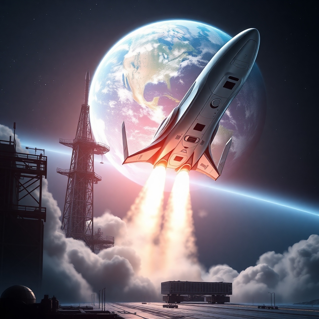 A photorealistic image of a sleek, futuristic spacecraft taking off from a launchpad, with a vibrant Earth visible in the background. The image should emphasize the advanced technology and power of aerospace engineering, with realistic details, lighting, and atmospheric effects. The style should be dramatic and awe-inspiring, suggesting a sense of wonder and exploration.