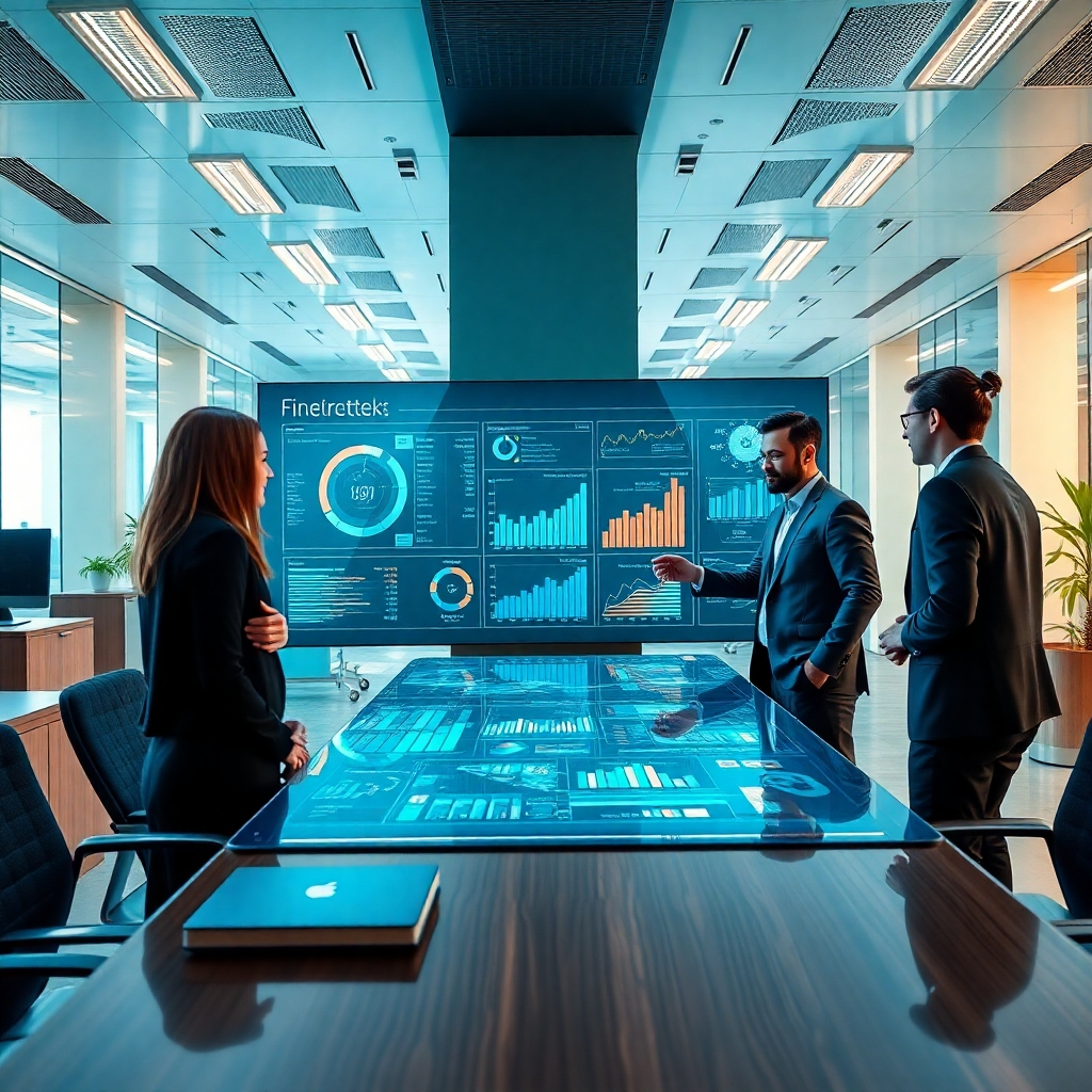 A photorealistic image, rendered in 8K resolution, showcasing a modern, tech-savvy accounting office. The image should feature a team of diverse professionals collaborating around a large interactive touchscreen display showing complex financial data visualizations. The color scheme should be a blend of cool blues and greens, accented by warm metallic golds from the sophisticated tech equipment. The lighting should be bright and energetic, using both natural and strategically placed artificial light sources. The office should feel open and collaborative, with various technological tools seamlessly integrated into the workspace.  The level of detail should be extremely high, showing the precise textures of the high-end electronics, the subtle grain of the wooden furniture, and the crisp reflections on the glass surfaces.  The style should borrow elements from science fiction and futuristic office design, but maintain a feeling of functionality and practicality. The camera angle should be a dynamic composition from a slightly low perspective, emphasizing the scale and complexity of the technology. The focus should be on showing the interaction between people and technology in a highly effective and sophisticated work environment.