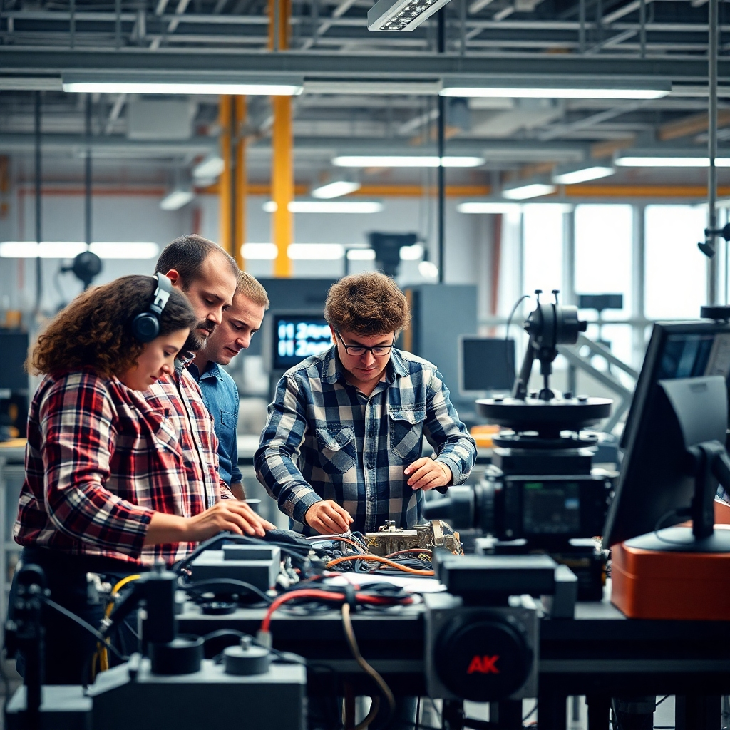 A photorealistic image showcasing a team of diverse engineers collaboratively working on a complex engineering project. The image should depict a modern, well-equipped workspace, emphasizing teamwork, problem-solving, and innovation. The scene should be brightly lit, creating a positive and productive atmosphere. The focus should be on the collaborative nature of the work.