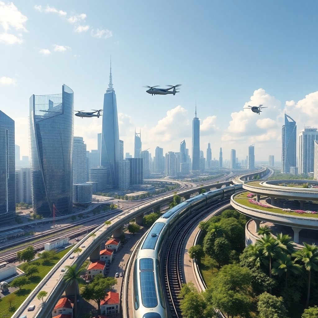 A photorealistic image showing a futuristic city skyline with sustainable technologies: flying vehicles, solar panels integrated into buildings, high-speed trains, and green spaces.  The image should evoke a sense of innovation, progress, and a harmonious blend of technology and nature. The style should be clean, modern, and hopeful.