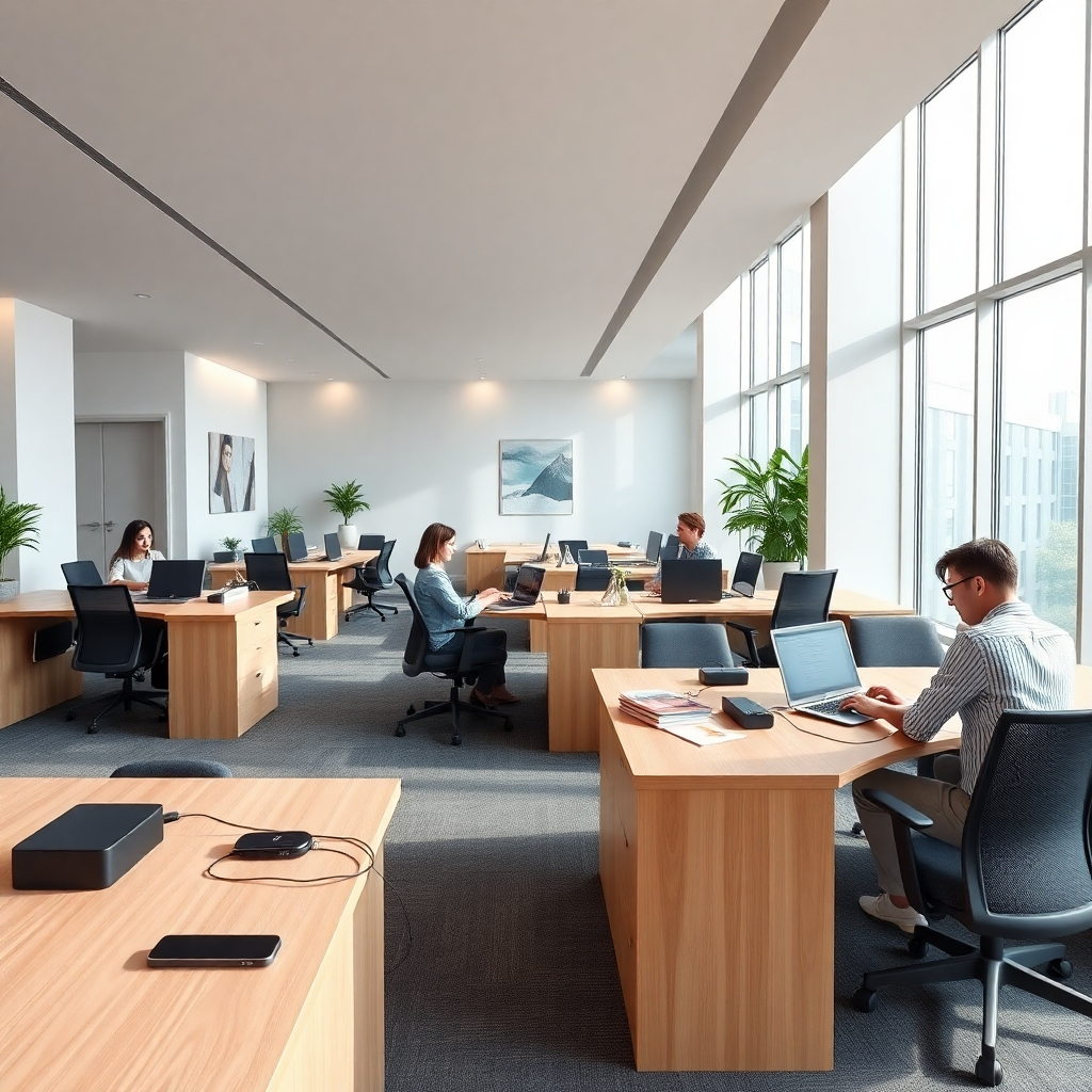 A photorealistic, ultra-high definition 8K image depicting a modern accounting office interior. The scene should feature sleek, minimalist desks made of light oak wood with integrated charging stations and subtle ambient lighting.  The color palette should be neutral and calming, with soft grays, whites, and light wood tones.  Natural light streams in from large windows, creating a bright and airy atmosphere.  Several employees, diverse in age and gender, are working diligently at their desks, using laptops and reviewing documents.  The walls feature subtle, geometric patterns and some modern artwork.  There's a spacious meeting area with comfortable, modern seating. The style should evoke a feeling of calm efficiency, similar to the work of photographer Eric Laignel. High-quality textures are essential, such as the smooth surfaces of the desks, the soft texture of the carpet, and the fine details of the technological equipment. The camera angle is slightly elevated, offering a broad view of the office space, creating a sense of openness and professionalism.  Minimalist and functional design is paramount, avoiding clutter and excessive decoration.