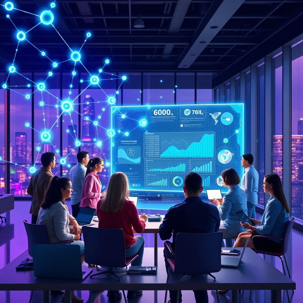 A photorealistic, ultra-high-quality header image representing the dynamism of digital marketing. The scene should depict a network of interconnected glowing nodes, symbolizing data streams and online connections. A diverse group of people is collaborating around a large holographic display showing website analytics, social media engagement, and e-commerce growth charts. The lighting should be vibrant and modern, with a color palette dominated by blues, greens, and purples, creating a sense of innovation and progress. The camera angle is a wide shot, capturing the entire collaborative environment. Textures should be smooth and glossy, reflecting the sleekness of technology. The environment is a modern, open-plan office space with large windows overlooking a cityscape. Props include laptops, tablets, and interactive whiteboards. Style reference: blend the realism of a stock photo with the futuristic feel of a tech startup. Technical specs: 8K resolution, hyperrealistic, shot with a Canon EOS R5.