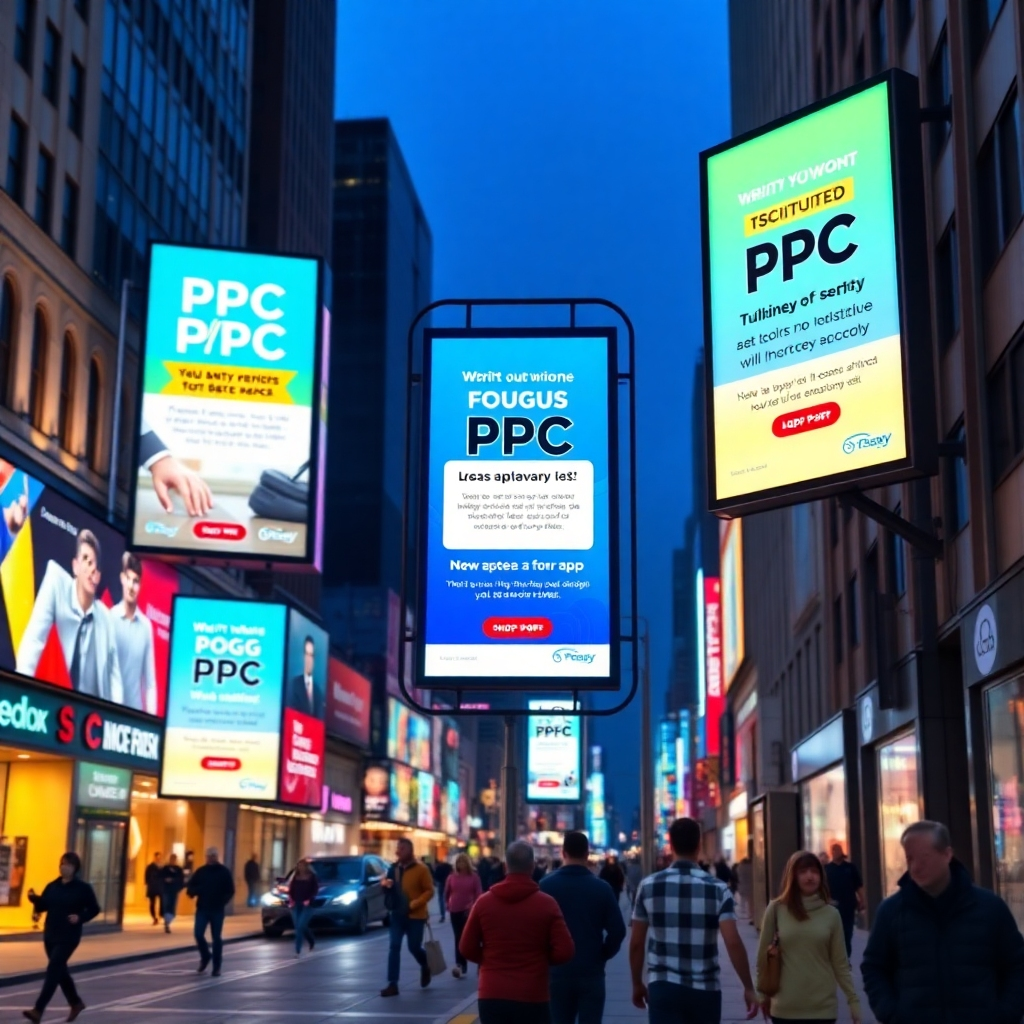 A series of digital billboards displaying different PPC ads, each tailored to a specific audience. The billboards are brightly lit and attract the attention of virtual passersby. The background should be a bustling city street. The color palette should be attention-grabbing and professional. Technical specs: 4K resolution, photorealistic.