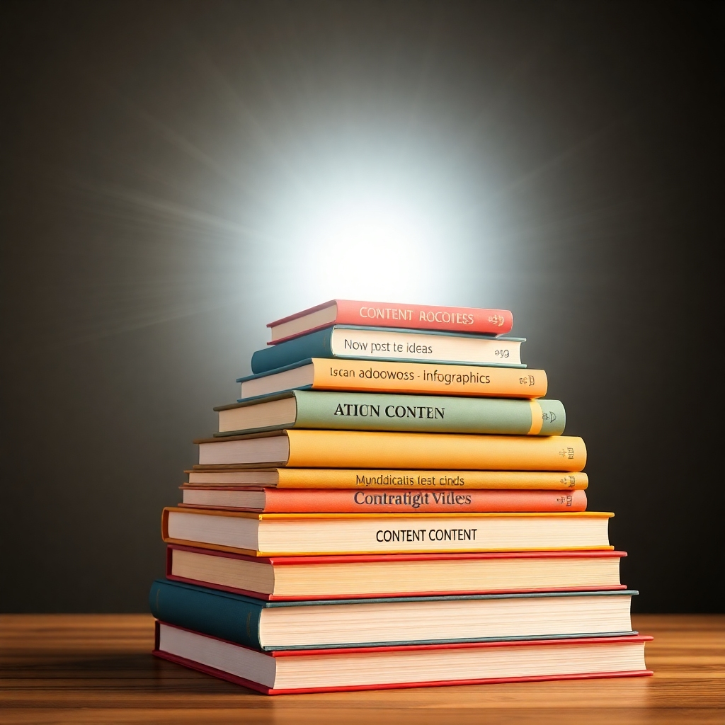  A stack of books, each representing a different form of content (blog posts, e-books, infographics, videos), radiating a bright light. The books are arranged in a pyramid, symbolizing the strength and stability of a solid content marketing strategy. The color palette should be warm and inviting. Technical specs: 4K resolution, photorealistic.