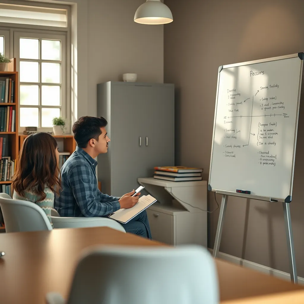 A student sits with a teacher in a cozy, well-lit study room. The teacher is explaining a concept on a whiteboard while the student actively engages with the material, asking questions and taking notes.