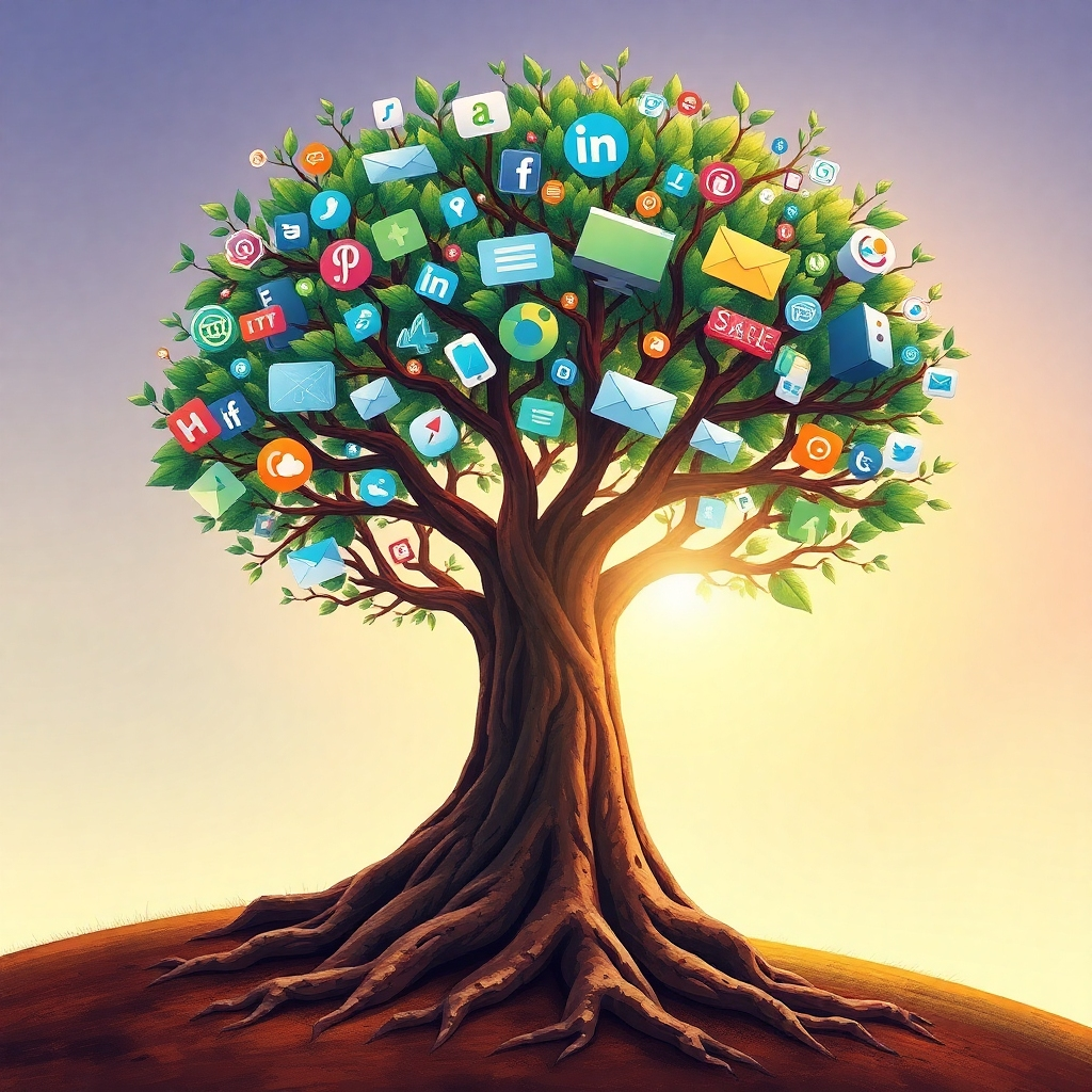 A stylized image representing the core of digital marketing and Life Project's mission. Visualize a tree with roots deeply embedded in data streams, and its branches reaching towards the sky, blossoming into various digital channels like social media icons, search engine results pages, and email marketing campaigns. The lighting should be warm and inviting, symbolizing growth and prosperity. The color palette should be earthy tones combined with vibrant blues and greens, representing the blend of technology and nature. The camera angle is a low angle, emphasizing the tree's strength and upward growth. The tree bark should have a rough texture, contrasting with the smooth, glossy icons. The environment is a minimalist landscape. Style reference: a blend of abstract art and corporate branding. Technical specs: 4K resolution, high quality, digital painting style.