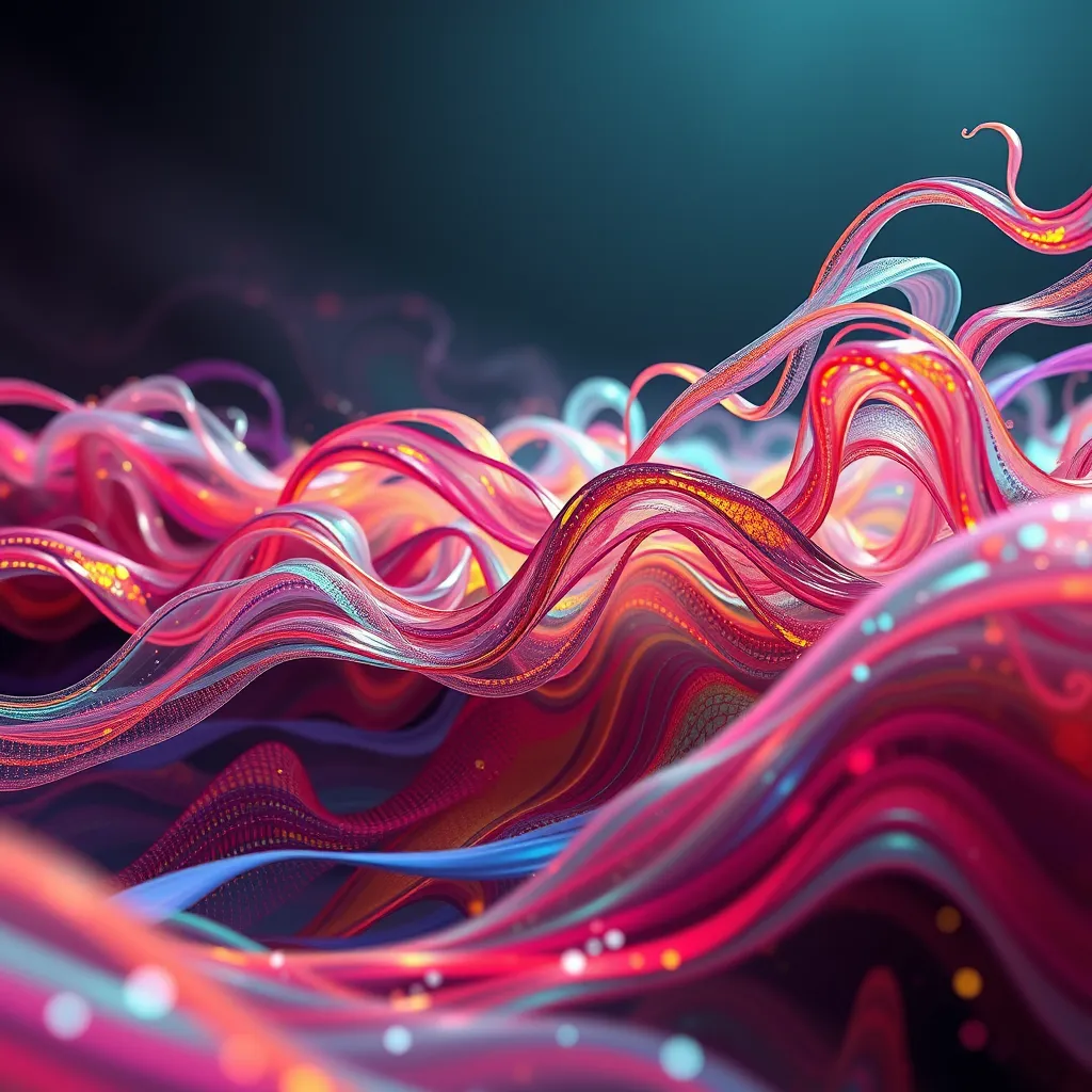 A surreal and evocative image of sound waves, represented as colorful, swirling, and dynamic abstract forms. The composition should be balanced, with the waves flowing gracefully and interacting with each other. The image should feature a variety of vibrant colors and textures, creating a sense of energy and movement. The lighting should be dramatic, with highlights and shadows adding depth and dimension to the forms. The image should be captured from a perspective that allows for a panoramic view of the sound waves, showcasing their intricate details and complex patterns. The overall mood should be one of wonder, mystery, and artistic expression. The image should be rendered in an ultra-high quality, with 8K resolution and hyperrealistic details, capturing the subtle nuances of the sound waves.