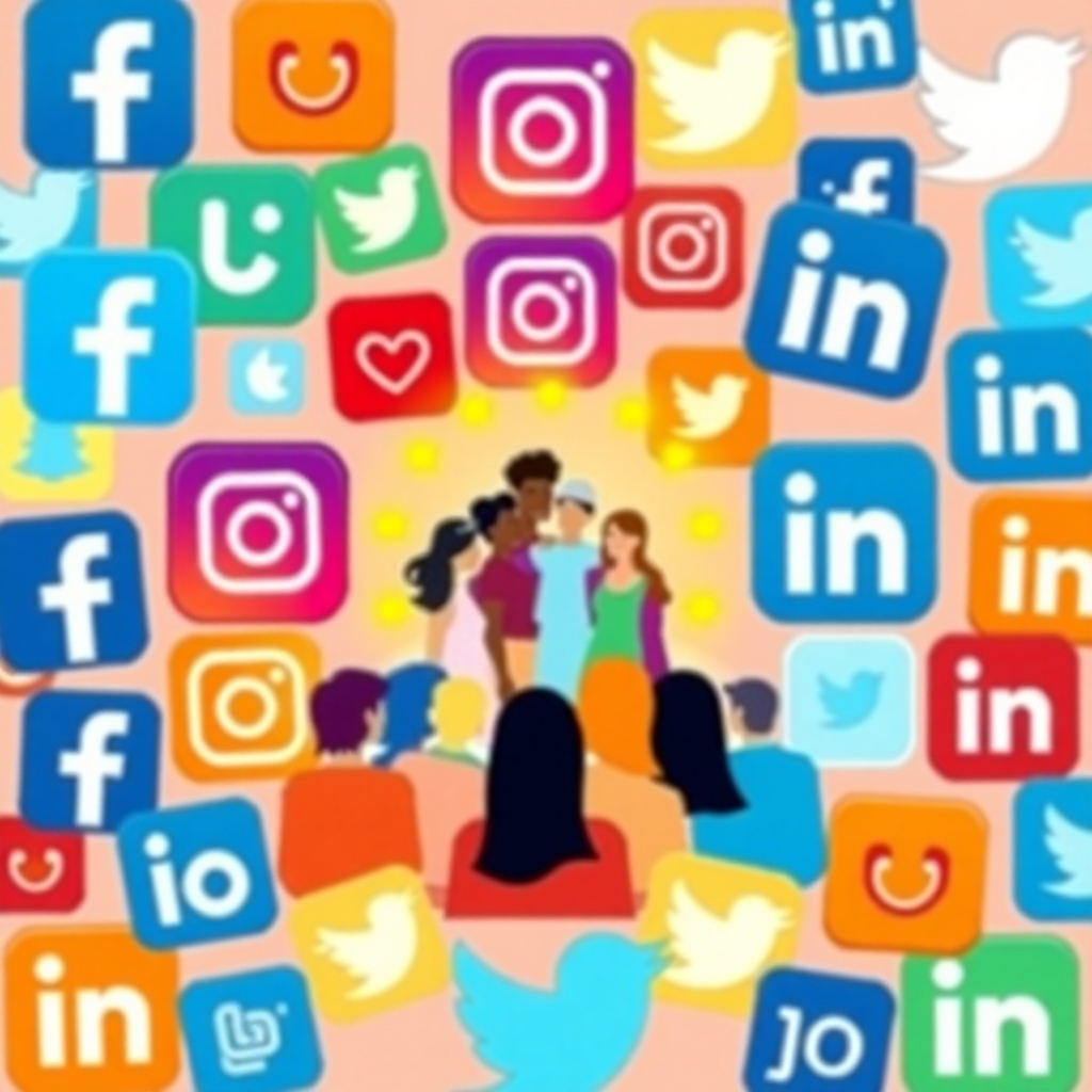  A vibrant collage of social media icons (Facebook, Instagram, Twitter, LinkedIn) arranged in a dynamic and interconnected pattern. The icons are glowing, symbolizing active engagement. In the center, a diverse group of people is interacting positively with the content. The color palette should be bright and energetic. Technical specs: 4K resolution, stylized illustration.