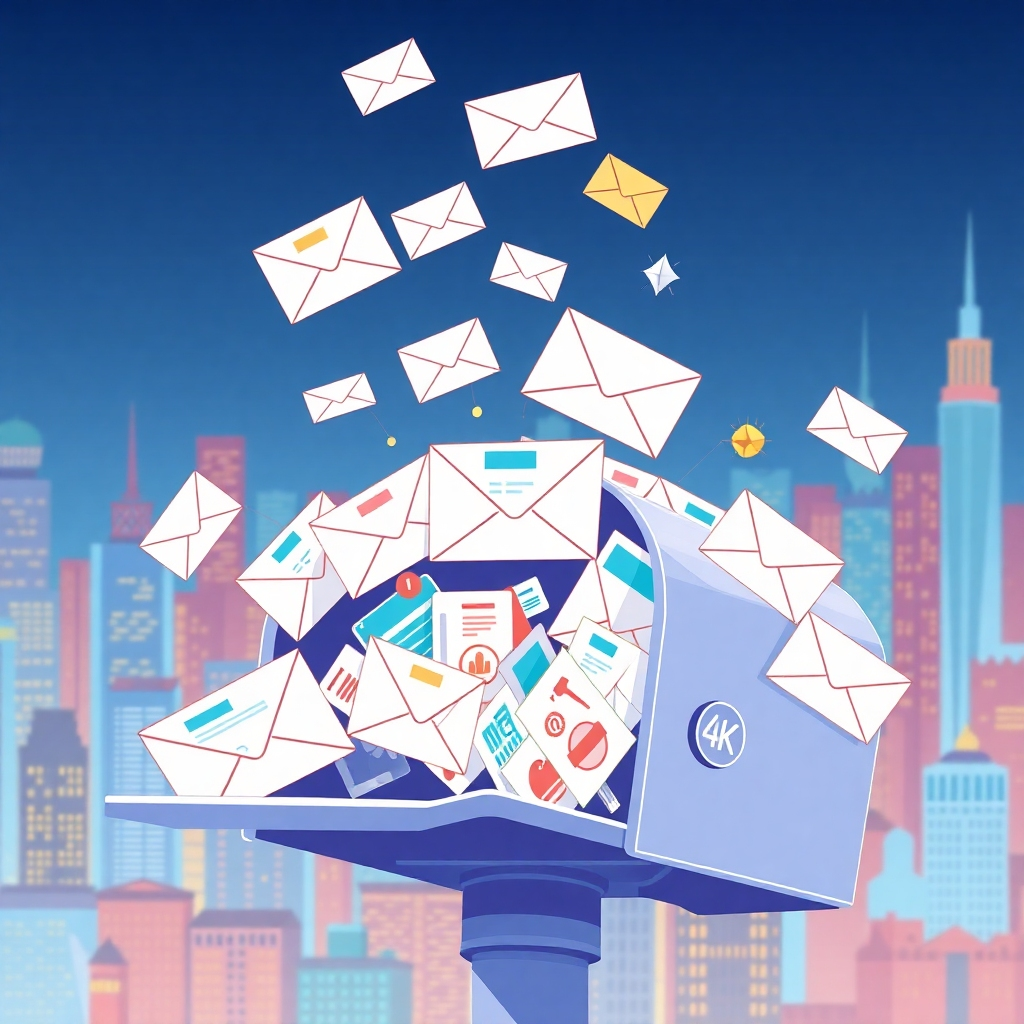 An open mailbox overflowing with digital letters (emails), each decorated with enticing graphics and offers. The letters are floating upwards, symbolizing the potential of email marketing. The background should be a vibrant cityscape. The color palette should be optimistic and inviting. Technical specs: 4K resolution, stylized illustration.