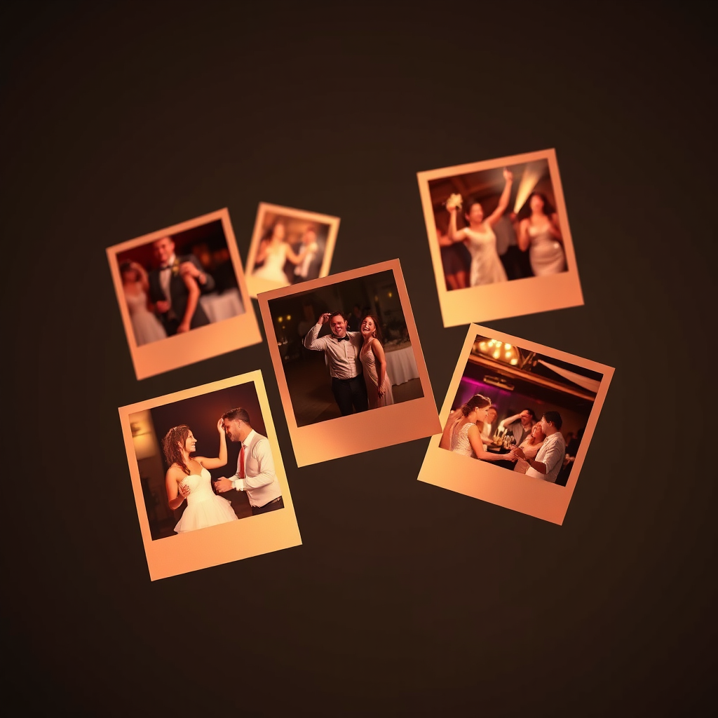 Capture a series of photographs floating in the air, each depicting joyful moments from different events: a wedding dance, a corporate celebration, a birthday party. The photographs are glowing with soft light. Use a warm color palette. Background should be a dark, neutral tone. Camera angle is medium, capturing the photographs. Render in 4k.