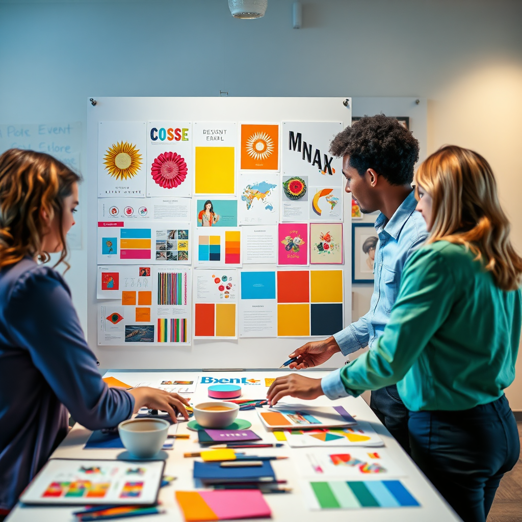 Create a scene featuring a diverse team of event planners working collaboratively on a mood board filled with design elements, color swatches, and event layouts. Use bright and inspiring colors. Lighting is focused, emphasizing collaboration. Render in 4K, photorealistic.