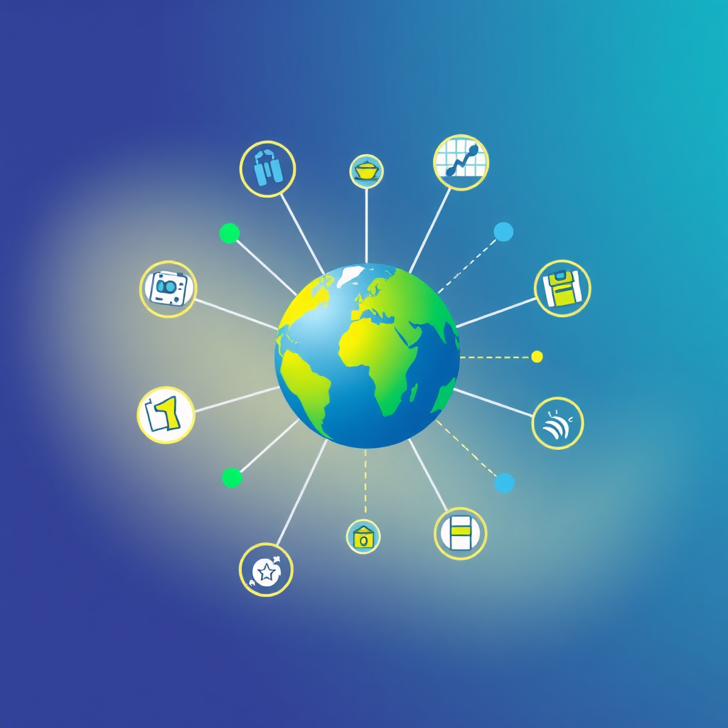 Create a stylized image that embodies the concept of connection and celebration. The central figure is a stylized globe with radiating lines connecting it to various icons representing event services (catering, photography, music, etc.). The color palette is vibrant and modern, using shades of blue, green, and yellow. The overall style should be clean and minimalist, with a focus on conveying a sense of efficiency and collaboration. The background is a soft gradient, and subtle animations or effects could be added to emphasize the dynamic nature of the platform. Consider incorporating elements of a stylized cityscape or landscape to represent the diverse range of event locations. Technical specs: 4K resolution, high quality.