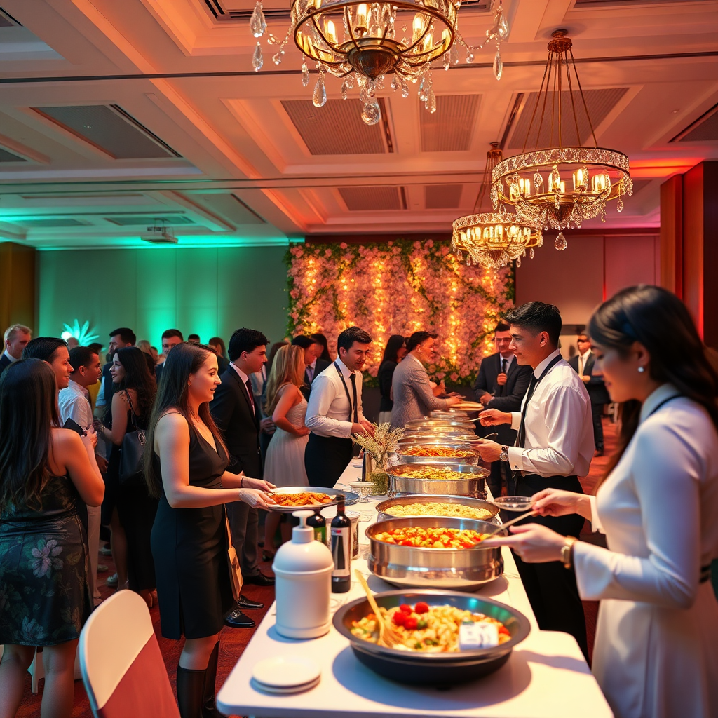  Create a vibrant image of a completed event space: guests enjoying a party, well-dressed catering staff serving food, and decorations in place. Soft lighting sets a joyous atmosphere, smiles are visible. Use a warm color palette to convey the sense of happiness. Camera angle is wide, capturing the overall event atmosphere. Reference magazine photography. Render in 4k, photorealistic.