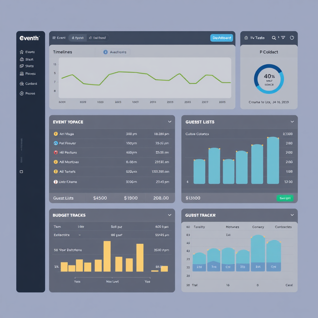 Create a visual representation of a digital dashboard, displaying event details like timelines, vendor contacts, guest lists, and budget trackers. The dashboard should be clean, organized, and easy to read, with clear visual cues for important information. The color scheme should be professional and calming. Consider adding subtle animations to highlight key features. Technical specs: High-resolution.