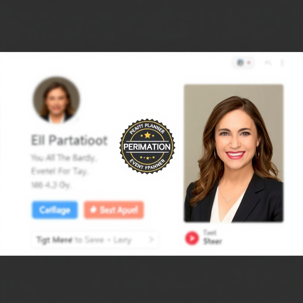 Depict a badge or seal of verification displayed prominently on a profile page of an event planner. The badge should look official and trustworthy, with design elements that suggest quality and reliability. Include a professional headshot of the event planner. The background should be clean and minimal. Technical specs: High-resolution.