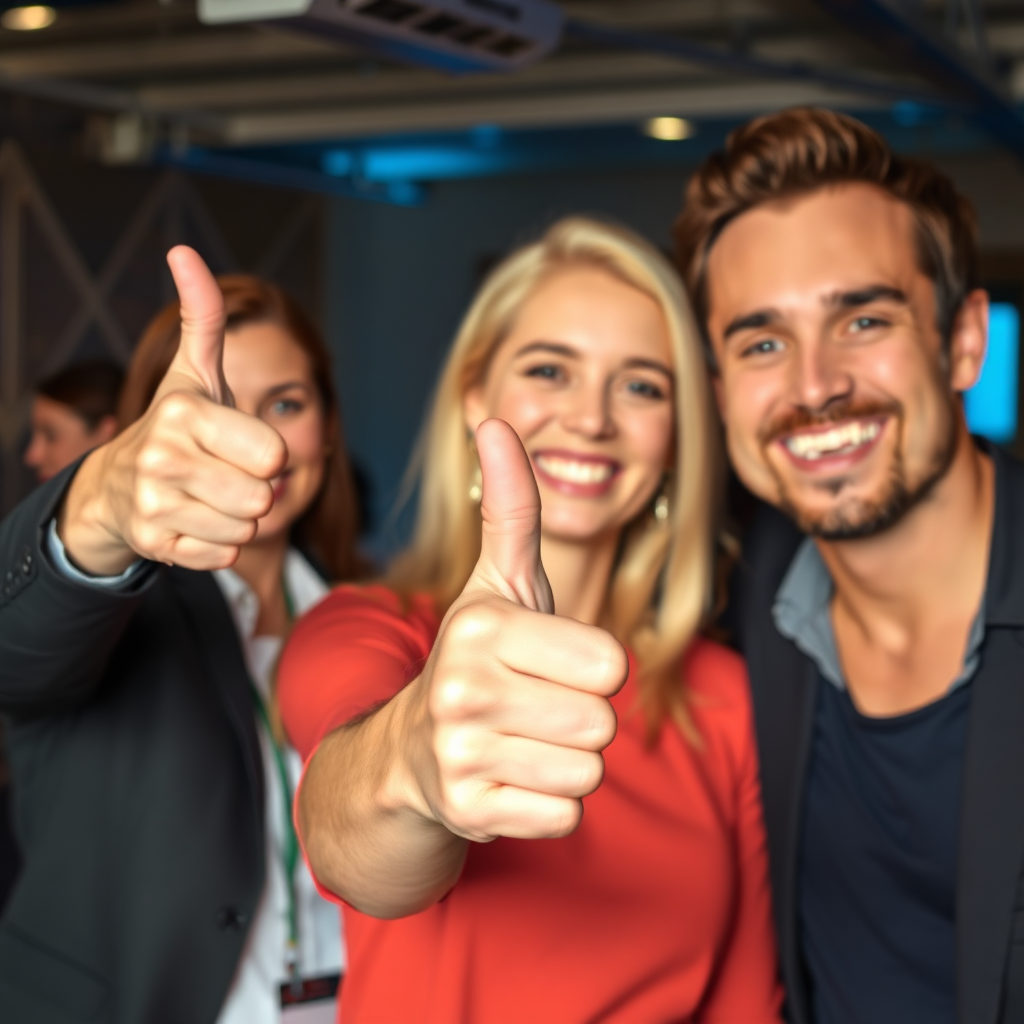 Depict a happy client giving a thumbs-up, with event planners smiling in the background. The atmosphere should be positive and celebratory. Use a warm and inviting color palette. Focus on conveying a sense of trust and satisfaction. Technical specs: High-resolution.