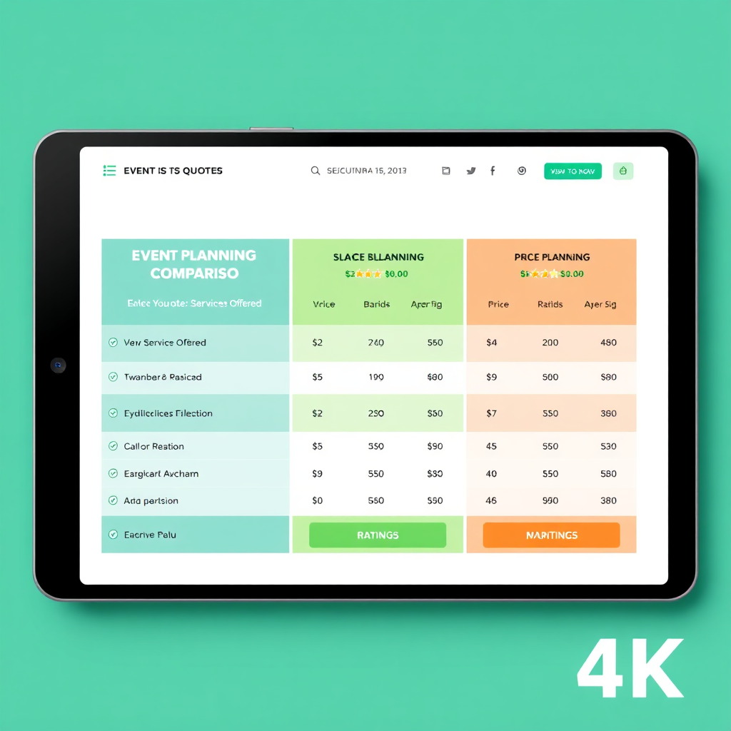 Depict a side-by-side comparison of three event planning quotes on a tablet screen. Display key elements like services offered, price breakdown, and ratings. Use clear and concise visual language. Use a clean, modern color palette and ensure visibility. Render in 4k.
