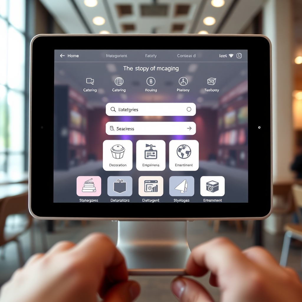  Depict a streamlined digital interface where users can easily navigate event planning services. Feature clear icons representing various categories like catering, decorations, and entertainment. A search bar is prominently displayed, and filter options are visible. Use a clean and modern design with a calming color palette. Lighting should be bright and inviting. Camera angle is eye-level, focusing on the user-friendly interface. Render in 4k, graphic design style.