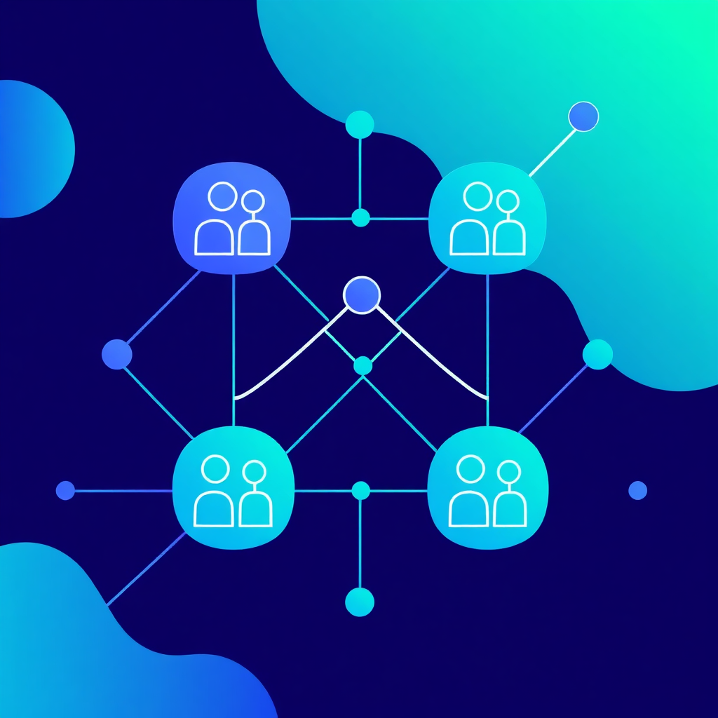 Depict a stylized representation of an algorithm matching event planners with clients. Use abstract shapes and lines to convey the idea of data analysis and pattern recognition. The color scheme should be modern and tech-inspired, with shades of blue, green, and purple. Technical specs: High-resolution.
