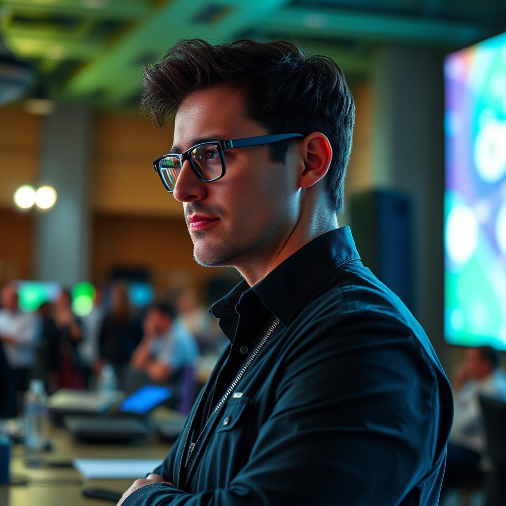 Depict an event manager overseeing the setup and execution of an event. The manager should be calm, confident, and attentive to detail. The scene should be dynamic and bustling with activity. Focus on the manager's role in ensuring everything runs smoothly and according to plan. Technical specs: High-resolution.