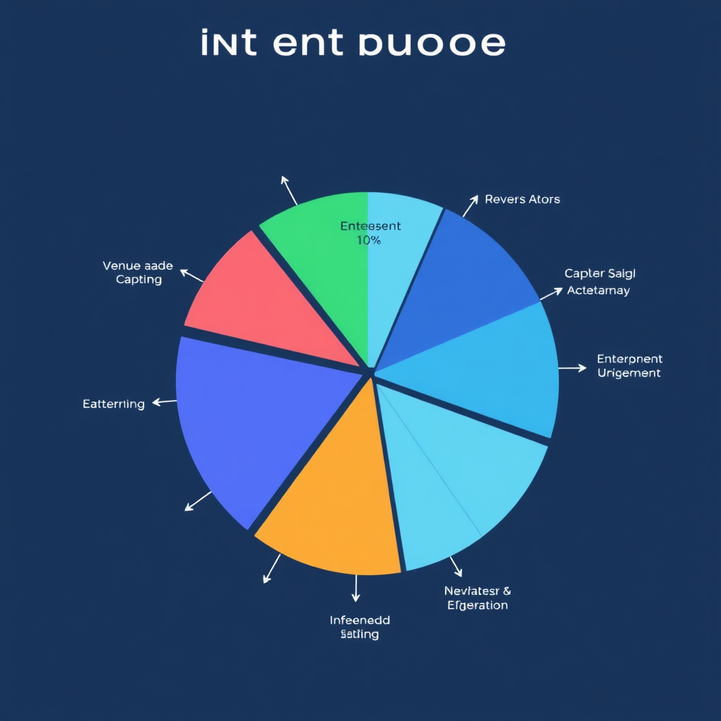 Illustrate a pie chart displaying event budget allocation across various categories (venue, catering, entertainment, etc.). Use clear visual cues to show where the money is going. Use professional palette of blues and greens. Render in 4k, graphic design style.