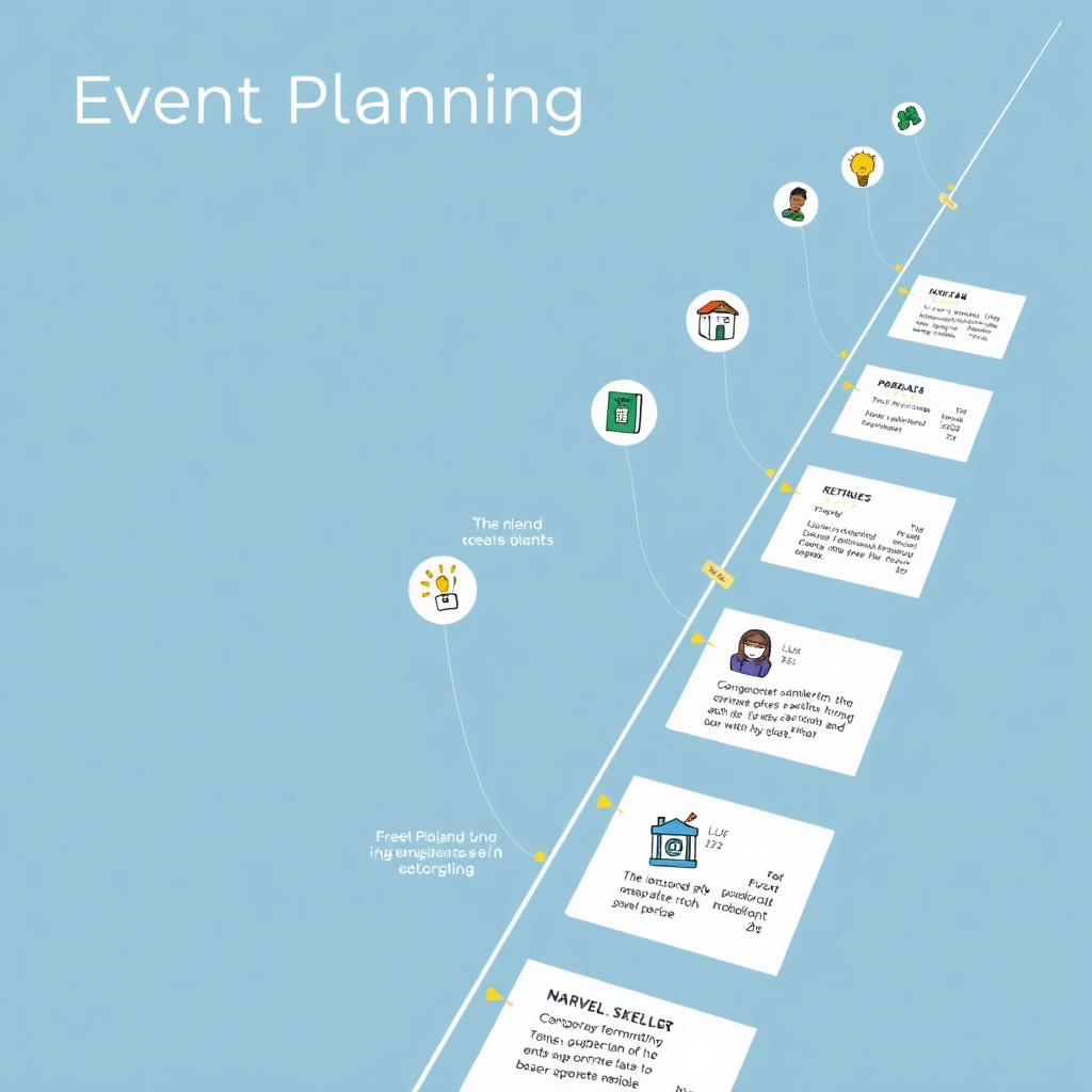 Illustrate a simplified event planning timeline, highlighting key milestones and tasks. Use icons and visual cues to represent each stage of the process. The timeline should be clean, linear, and easy to follow. The color scheme should be bright and optimistic. Technical specs: High-resolution.