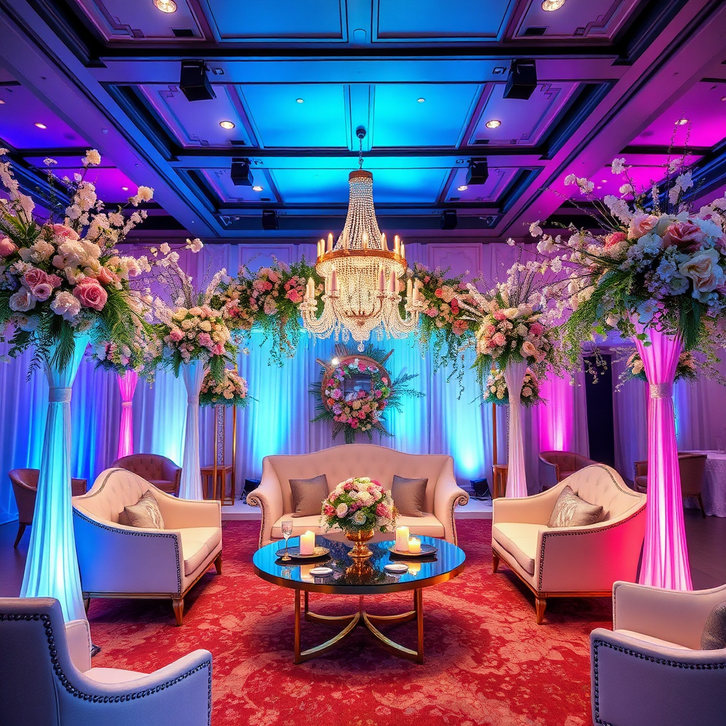 Imagine a beautifully decorated event space, showcasing a unique and creative design concept. The space should be filled with elegant furniture, stunning floral arrangements, and ambient lighting. The color palette should be carefully chosen to create a specific mood or atmosphere. Capture the overall aesthetic and attention to detail. Technical specs: High-resolution.