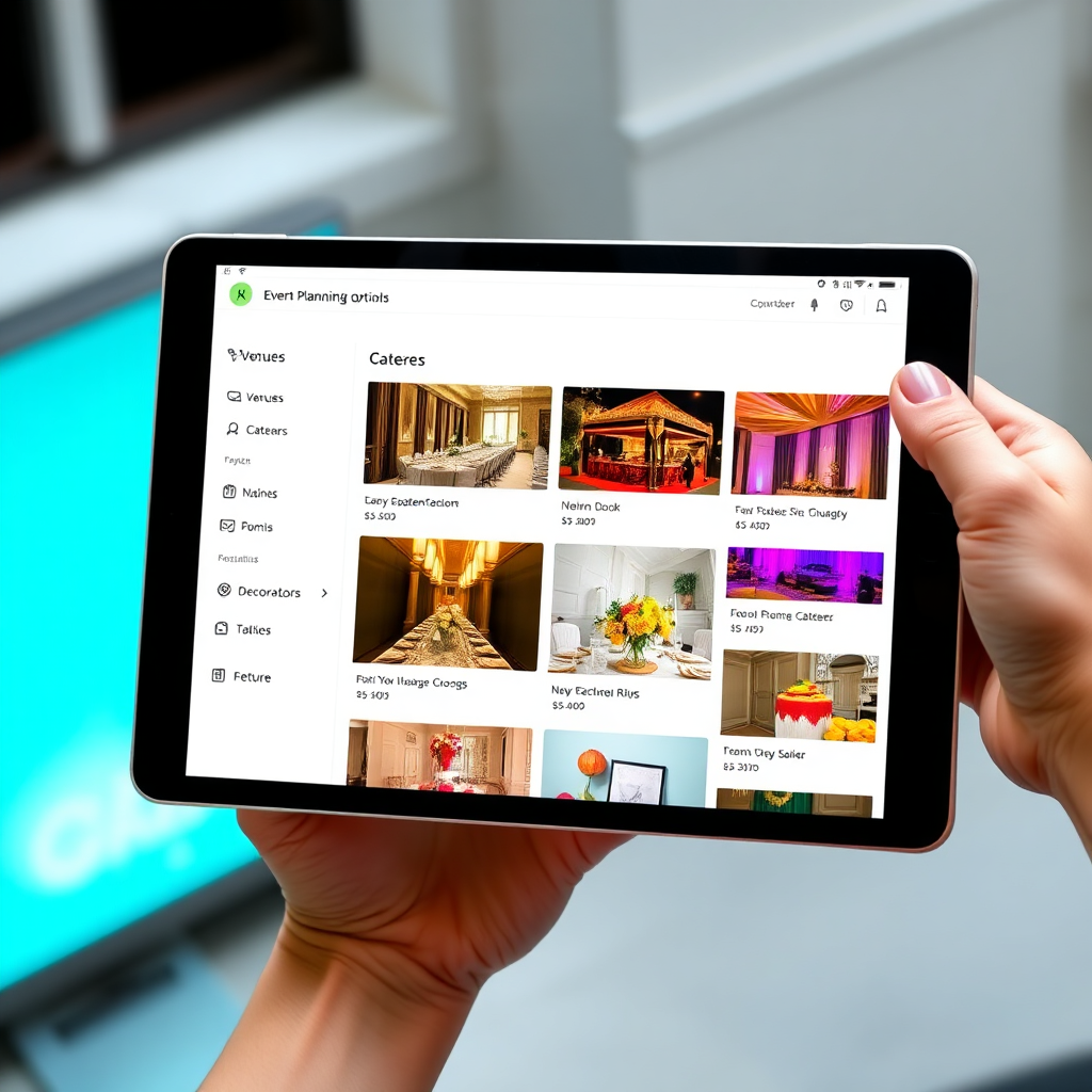 Show a clean user interface on a tablet displaying a variety of event planning options: venues, caterers, decorators. The style should be modern, intuitive, and user-friendly with a focus on ease of navigation and visual appeal. Use a light color scheme with pops of vibrant colors to highlight key features. The tablet is held by a person with a blurred background. Technical specs: High-resolution.