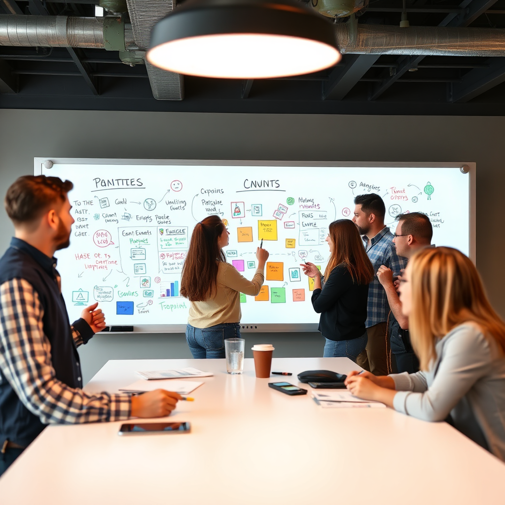 Show a group of event planners and clients collaborating on a digital whiteboard, brainstorming ideas and sharing inspiration. The atmosphere should be creative and energetic, with a focus on teamwork and communication. Use a variety of colors and visual elements to represent different ideas and perspectives. Technical specs: High-resolution.