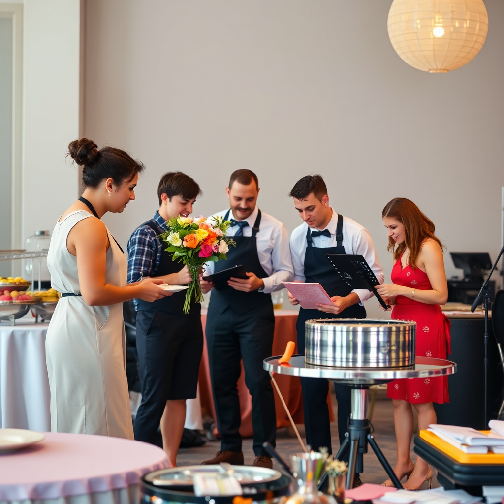 Show a group of event vendors (caterers, florists, musicians) working together harmoniously to set up an event. The atmosphere should be collaborative and professional. Use a variety of colors and visual elements to represent different vendors and services. Focus on the seamless coordination and teamwork. Technical specs: High-resolution.