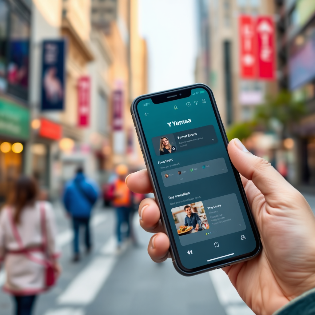 Show a person using the Yamaa app on their smartphone to plan an event. The background is a vibrant city scene, indicating the convenience of on-the-go planning. The app interface should be clear and easy to use. The style should be modern and tech-savvy. Technical specs: High-resolution.
