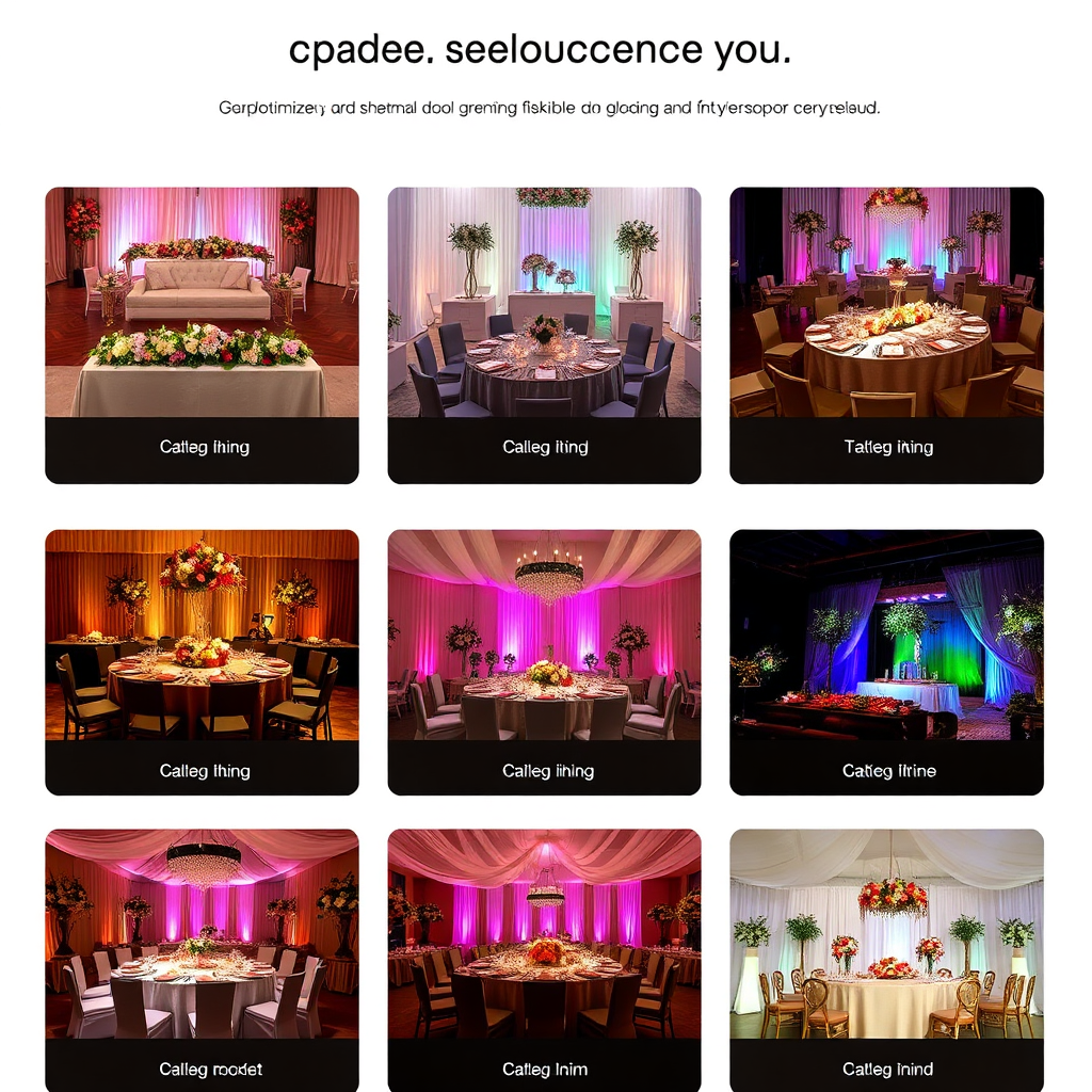 Show a variety of customizable event options, such as different table settings, floral arrangements, and lighting designs. The image should showcase the versatility and flexibility of the platform. Use a rich and diverse color palette. Technical specs: High-resolution.