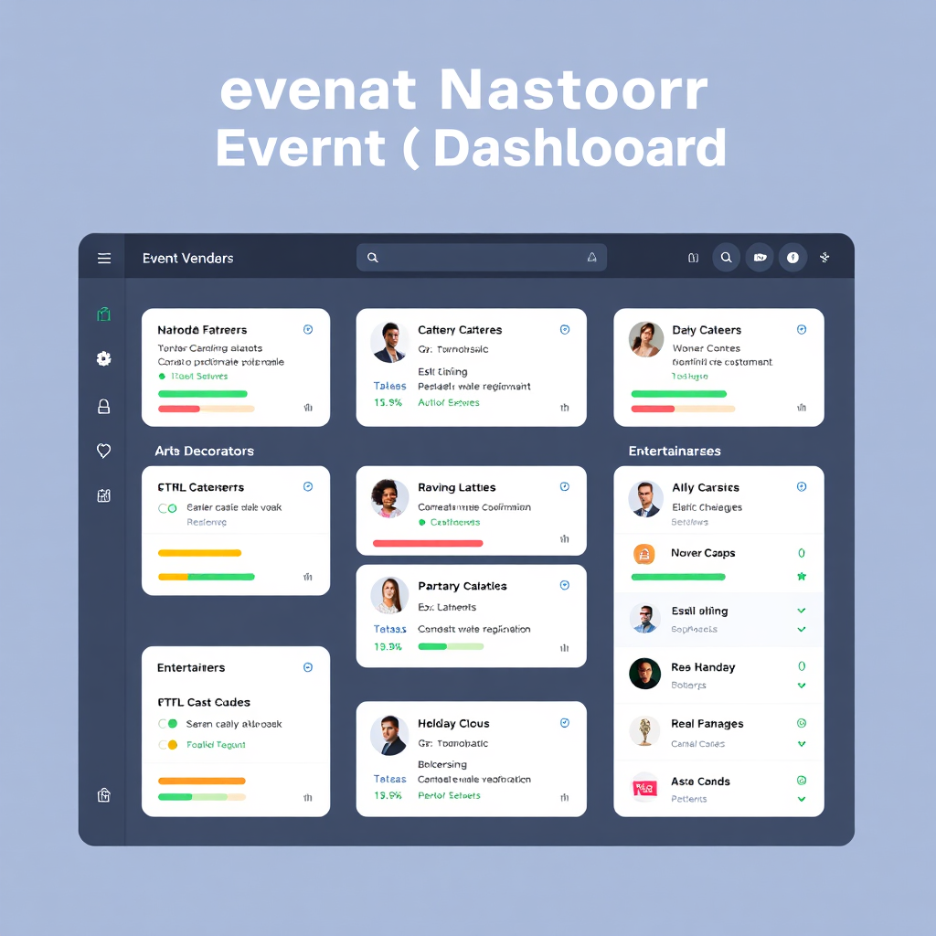 Visualize a centralized digital dashboard displaying all event vendors (caterers, decorators, entertainers) and their respective statuses. The dashboard is color-coded to indicate progress. Clean, modern design style. Render in 4k, graphic design.