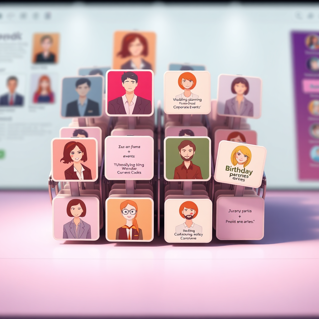  Visualize a digital Rolodex showcasing a diverse array of event planning professionals. Each card should subtly display their expertise: wedding planning, corporate events, birthday parties. The background should be a clean, modern interface with soft, inviting colors. Lighting should highlight the individual cards, creating a sense of focus and importance. The camera angle is a close-up shot, emphasizing the quality and detail of each provider. Render in 4K, clean stylized illustration.