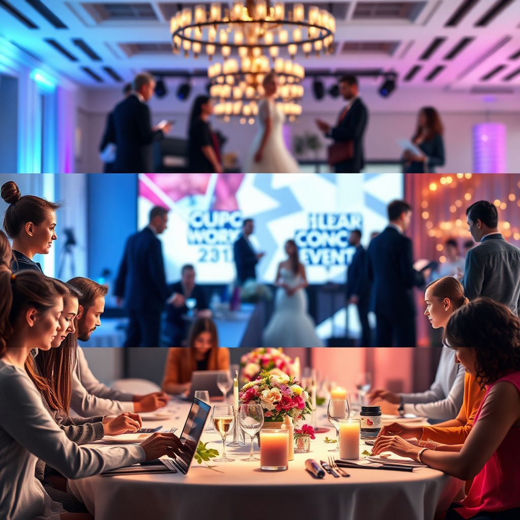 Visualize a diverse group of people working on different event types. Split the frame into three sections, each showing the planning process for a different event (wedding, corporate event, party). Emphasize the unique aspects of each event: floral arrangements for a wedding, tables for a corporate event. Render in 4k, hyperrealistic style.