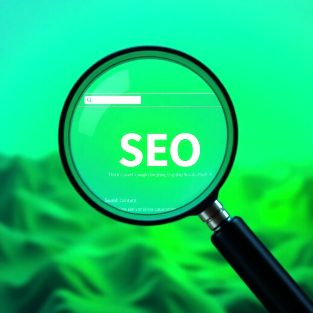  Visualize a magnifying glass hovering over a website ranking high in search engine results. The website's content is glowing brightly, symbolizing effective SEO. The background should show a competitive landscape of other websites struggling to rank. The color palette should be vibrant greens and blues, signifying growth and trust. The lighting should be focused on the highlighted website. Technical specs: 4K resolution, photorealistic.