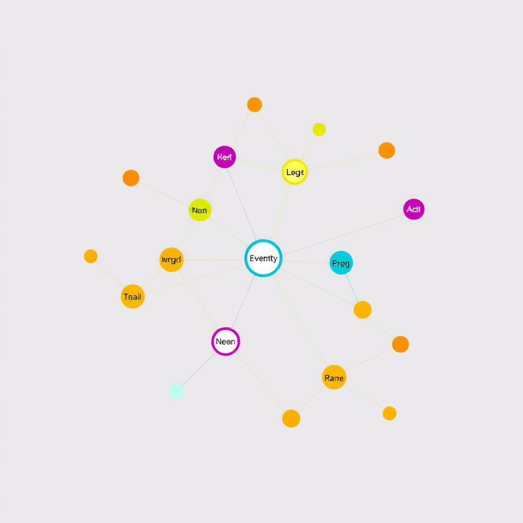 Visualize a network of interconnected nodes, each representing a different event service provider. The nodes should be brightly colored and arranged in a visually appealing pattern. Lines connecting the nodes represent collaboration and communication. The background should be a soft, neutral color. Technical specs: High-resolution.