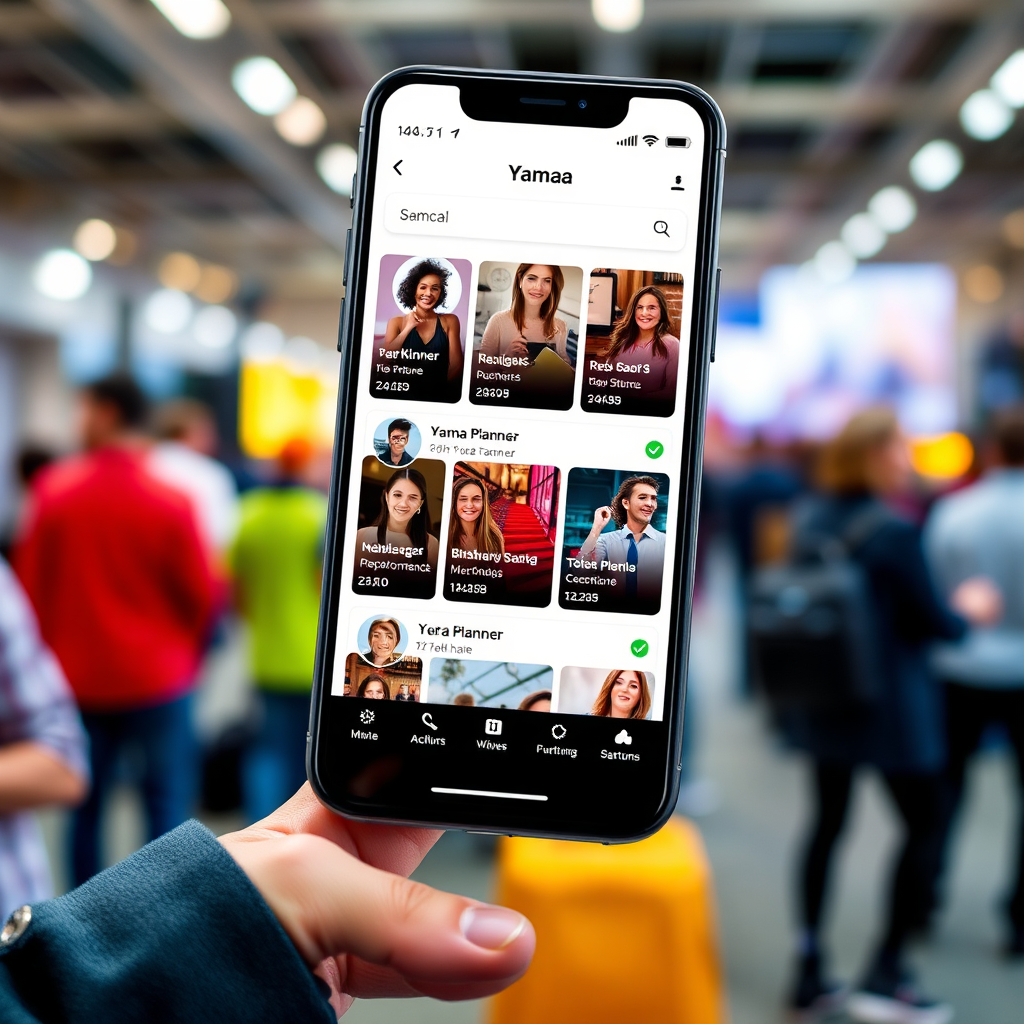 Visualize a smartphone displaying the Yamaa app. The app is showing profiles of multiple event planners with real time availability statuses. The background should represent a busy, fast-paced environment. Use a bright, modern color palette to capture the energy. Camera angle is close up, focusing on the smartphone screen. Render in 4k, clean and modern style.