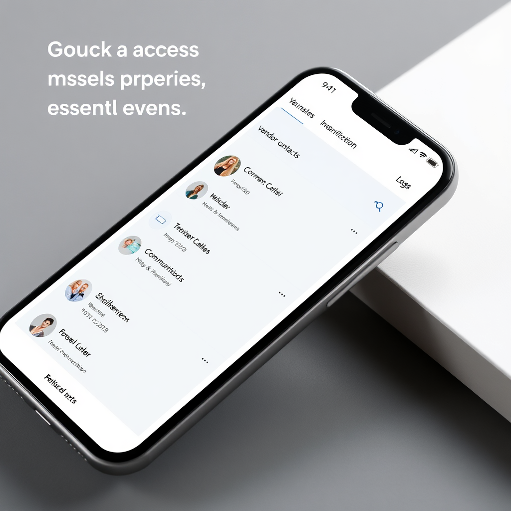 Visualize a smartphone screen displaying quick access to essential event information: vendor contacts, timelines, and communication logs. The app interface should be clean and organized. The color scheme should be professional and calming. Technical specs: High-resolution.