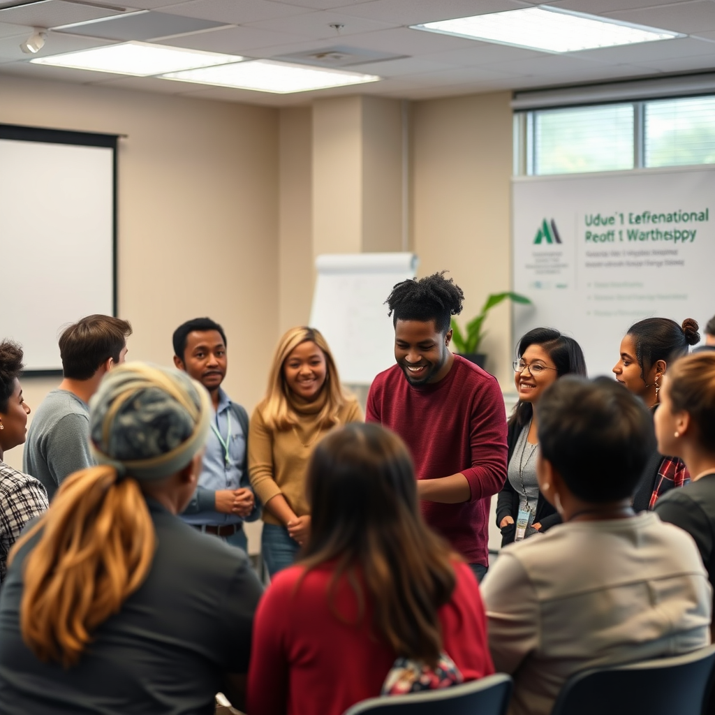 A diverse group participating in a workshop, learning hands-on skills like counseling or community organizing. Interactions should be authentic, showing teamwork and the application of knowledge. Focus on practical, applicable training. 4K resolution.